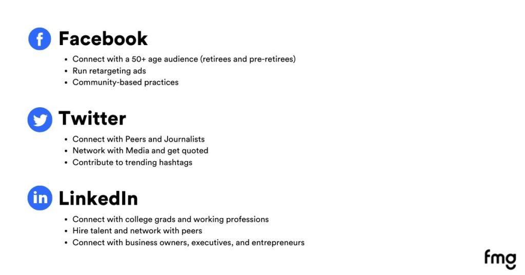 A List of FMG Social Media Channels by Goal