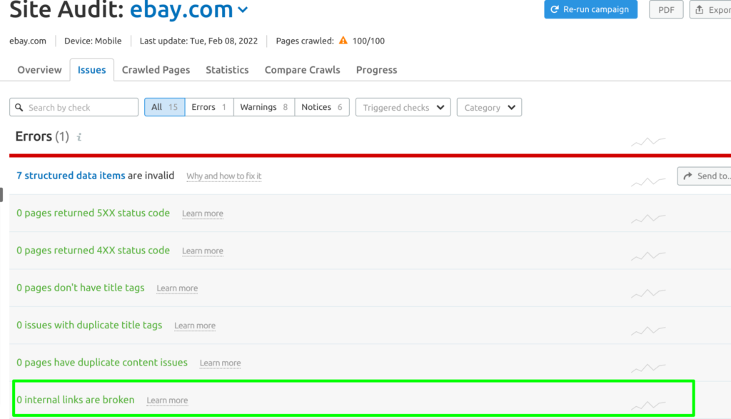Broken links on a site audit