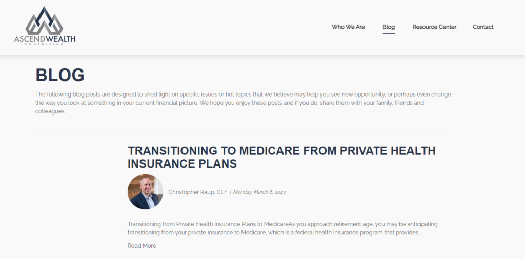 Ascend Wealth Blog Page on Site