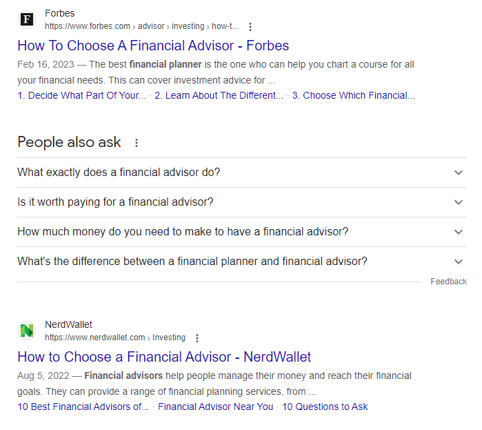 Financial advisor keyword serp example