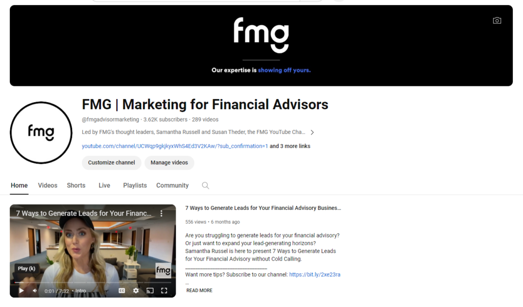 FMG YouTube channel front page