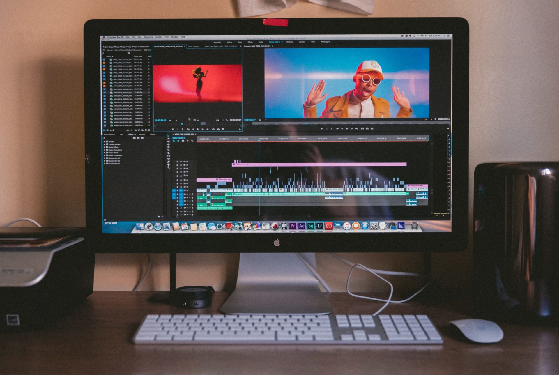 desktop with premiere pro video open