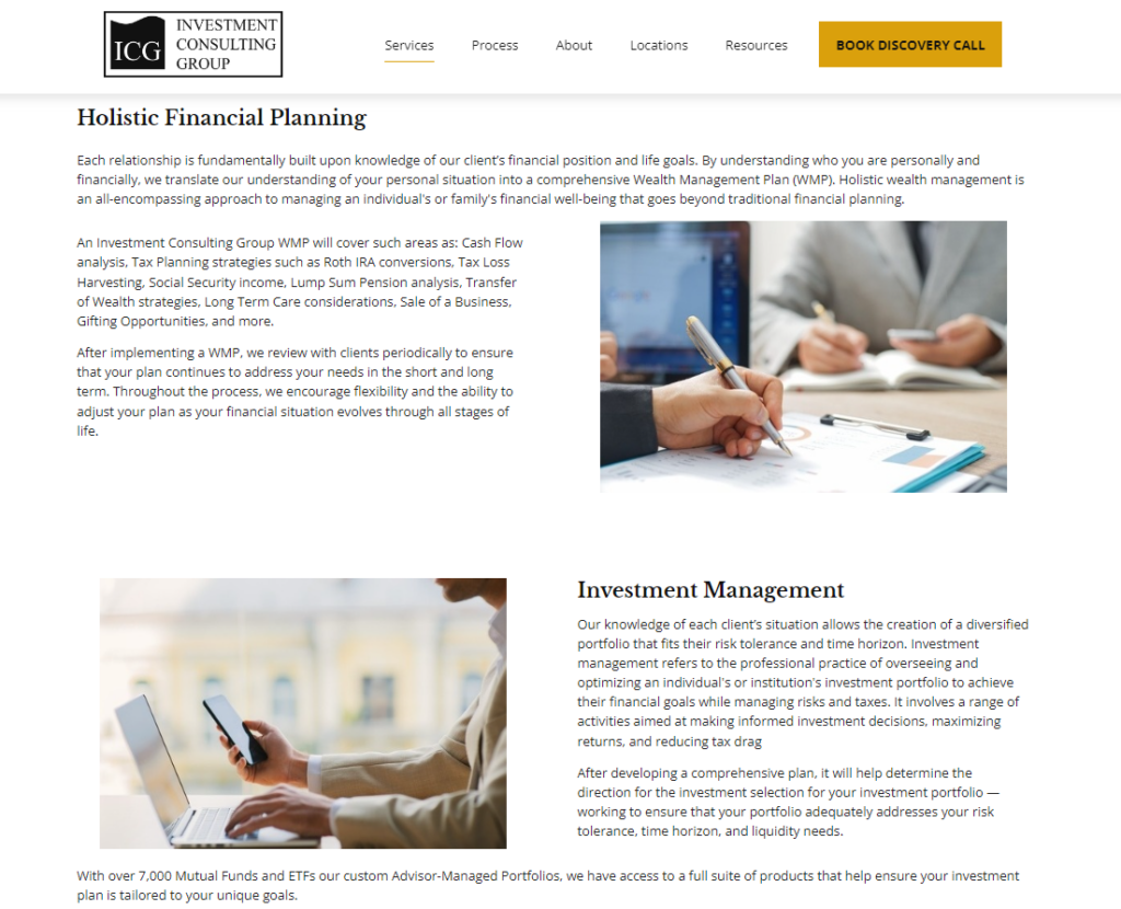 ICG website with their services